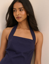Navy Halterneck Linen-Blend Emily Mini Dress