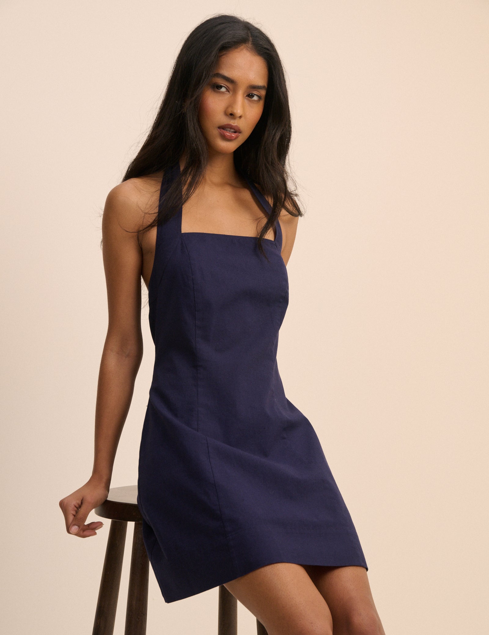 Navy Halterneck Linen-Blend Emily Mini Dress Navy Halterneck Linen-Blend Emily Mini Dress