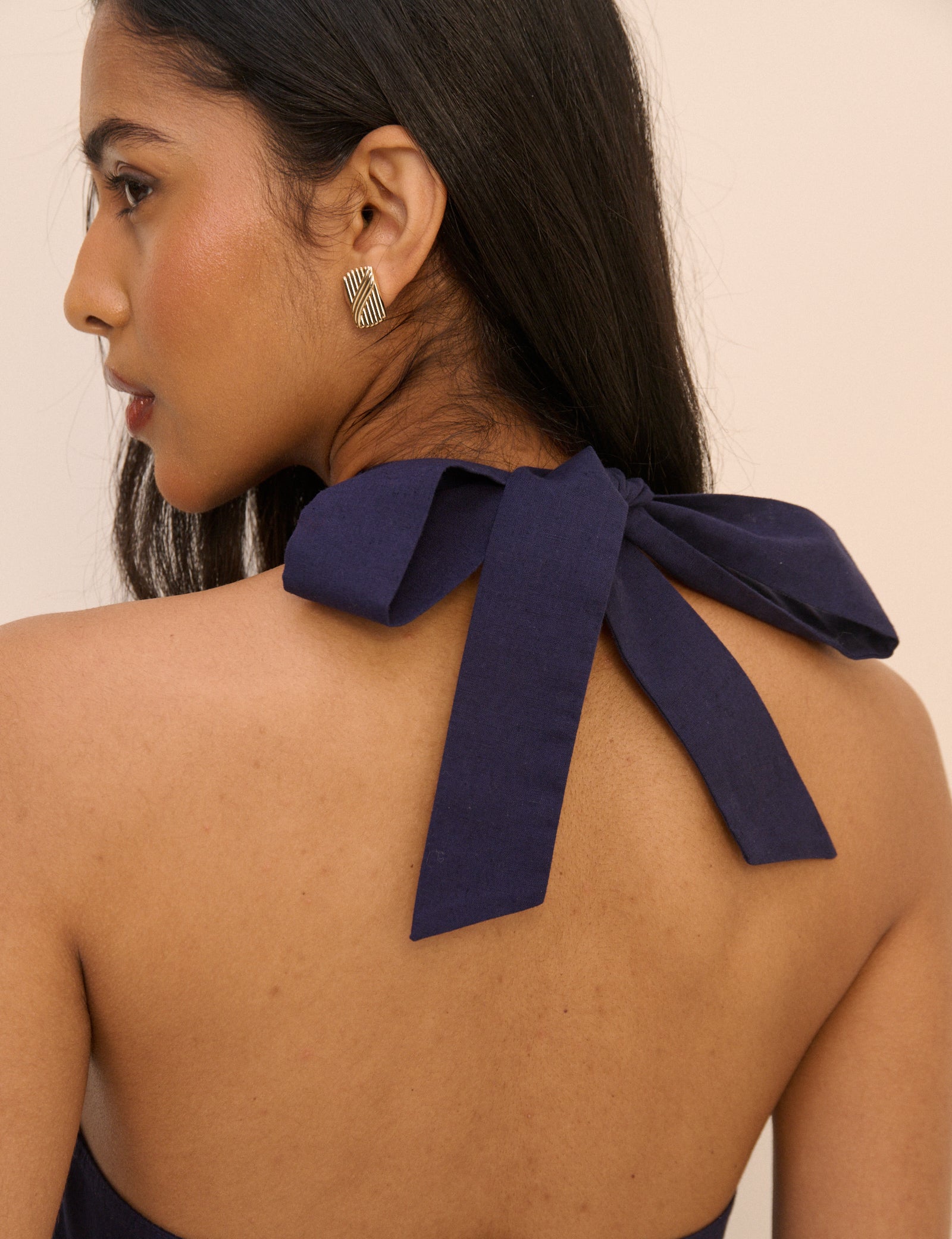Navy Halterneck Linen-Blend Emily Mini Dress
