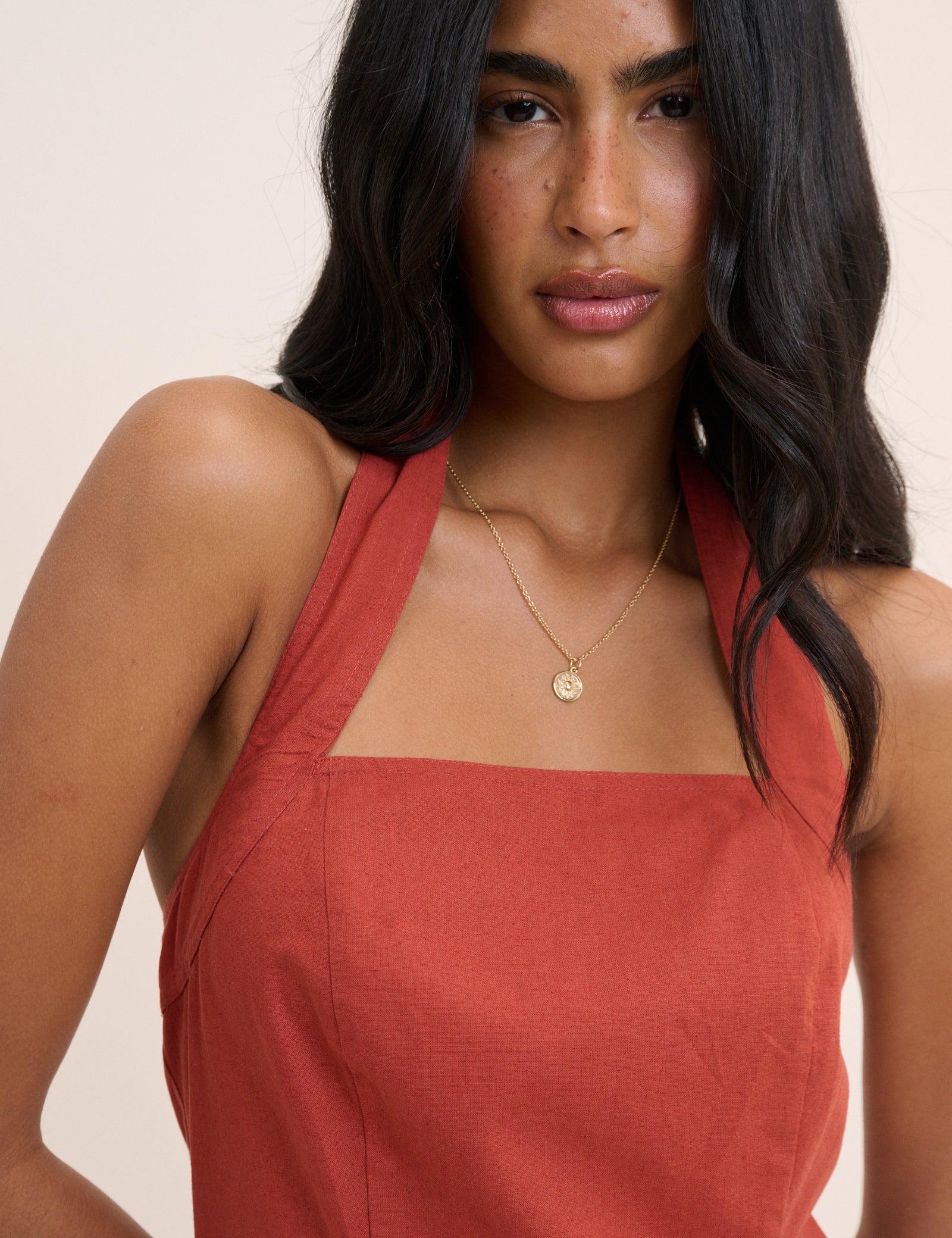 Dusty Red Linen-Blend Halterneck Emily Mini Dress