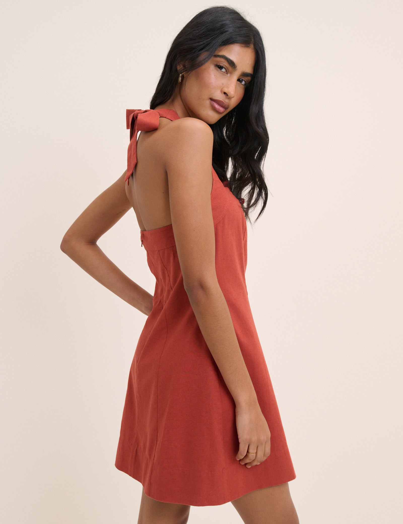 Dusty Red Linen-Blend Halterneck Emily Mini Dress