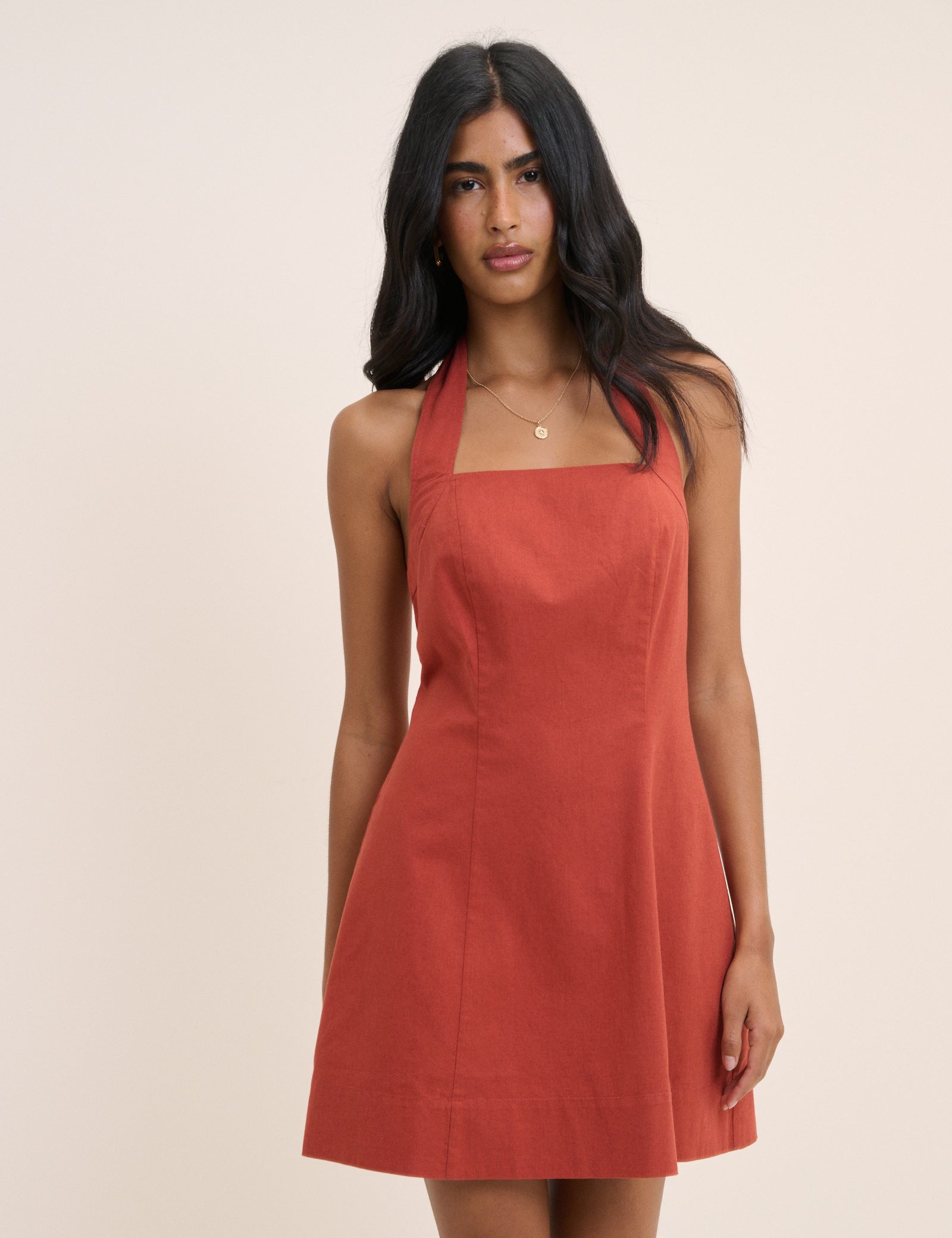Dusty Red Linen-Blend Halterneck Emily Mini Dress