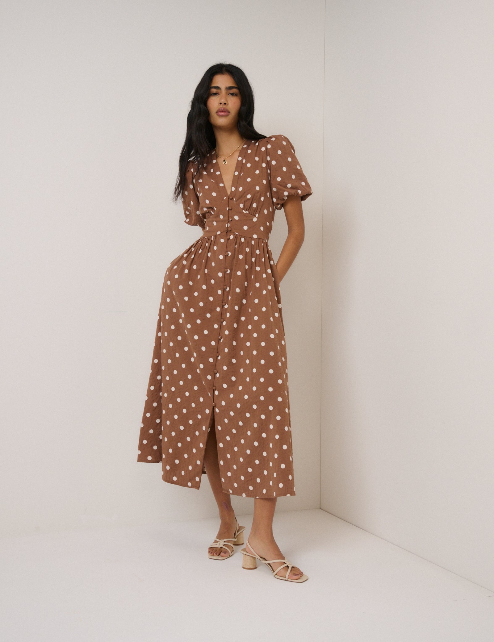 polka dot summer dress Brown Polka Dot Starlight Midi Dress