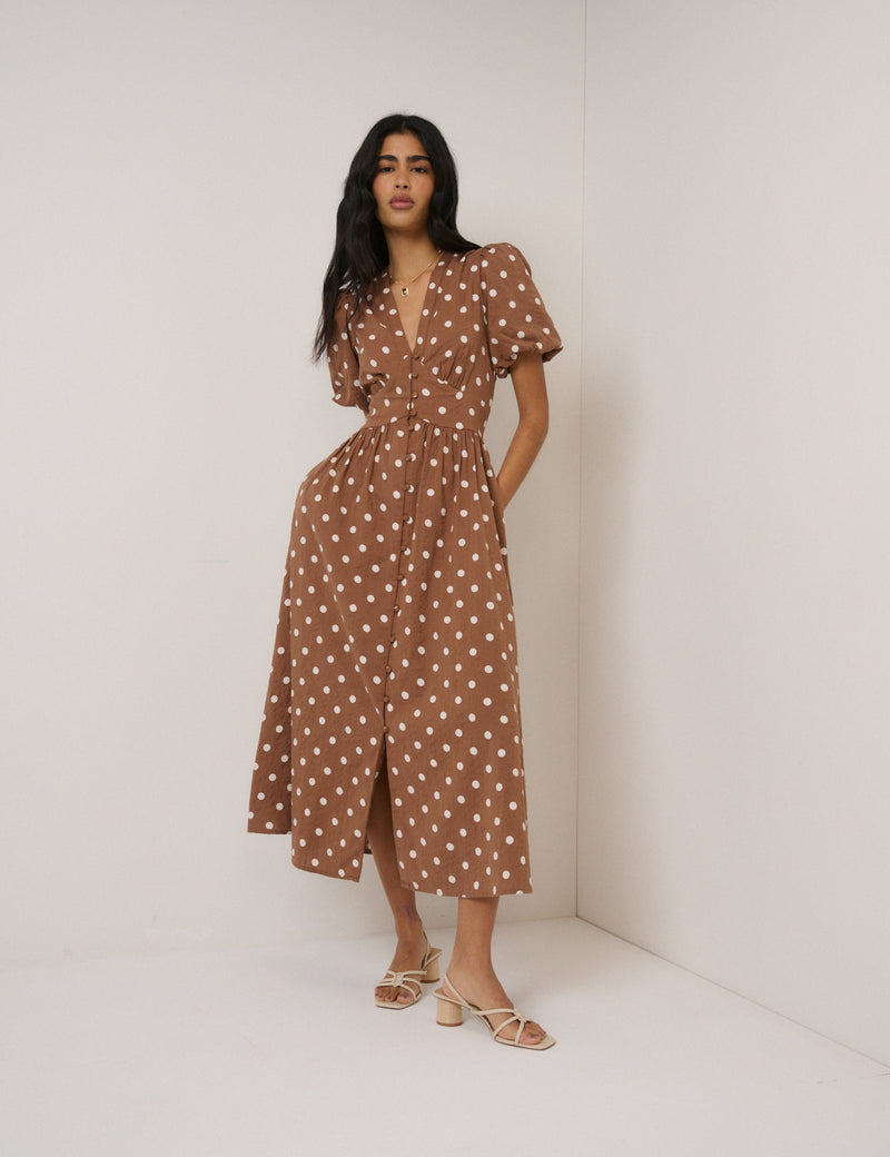 brown polka dot midi dress Buy Nobodys Child Ottillie from Next USA MATERIAL COTTON/POLYESTER POLKA DOT MIDI DRESS