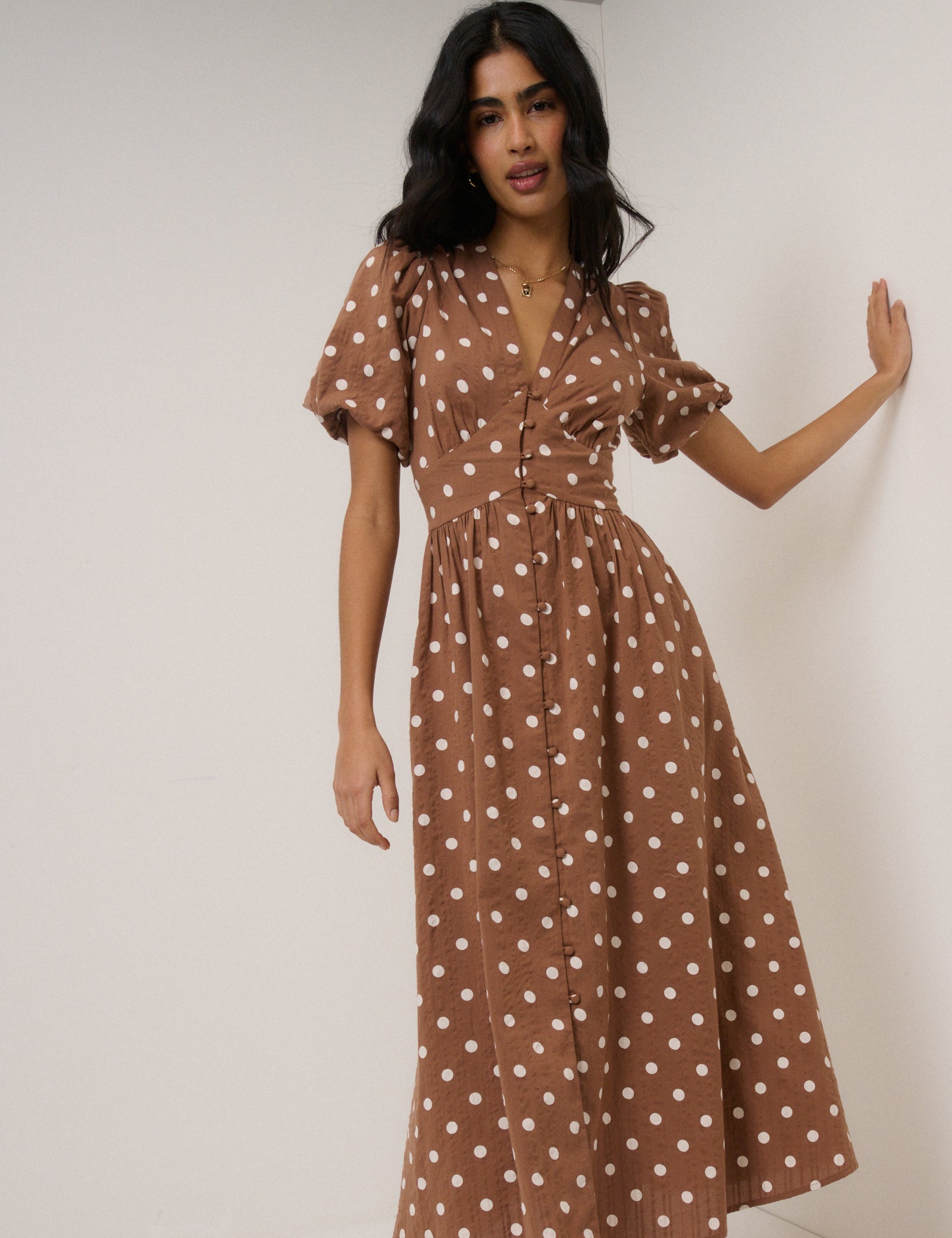 Brown Polka Dot Starlight Midi Dress Brown Polka Dot Starlight Midi Dress