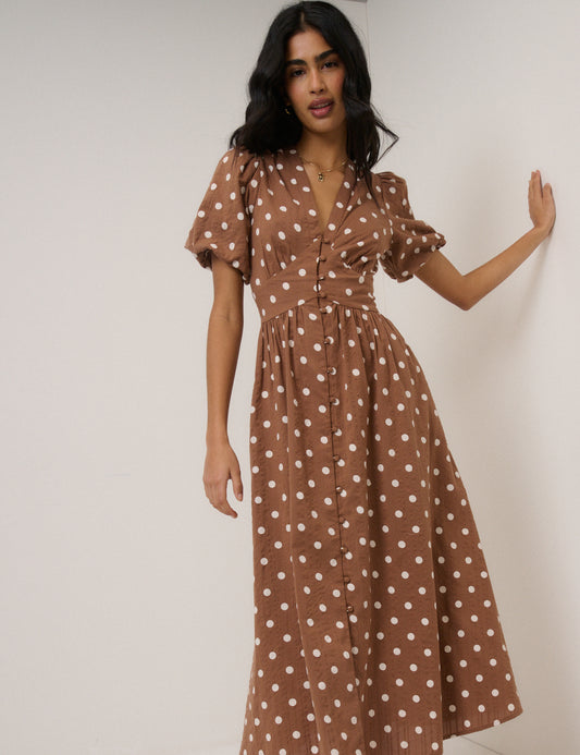 Brown Polka Dot Starlight Midi Dress Brown Polka Dot Starlight Midi Dress
