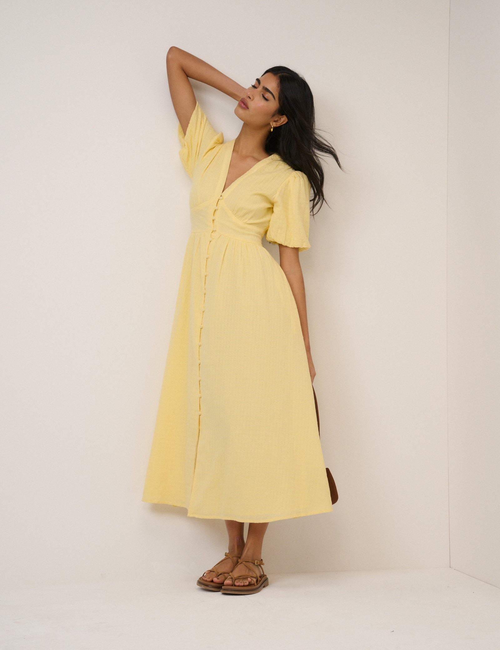 yellow dress with short sleeves Butter Yellow Short Sleeve Starlight Midi Dress