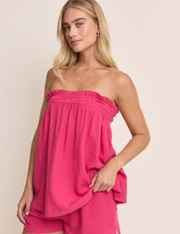 Pink Linen-blend Ruched Bandeau Top