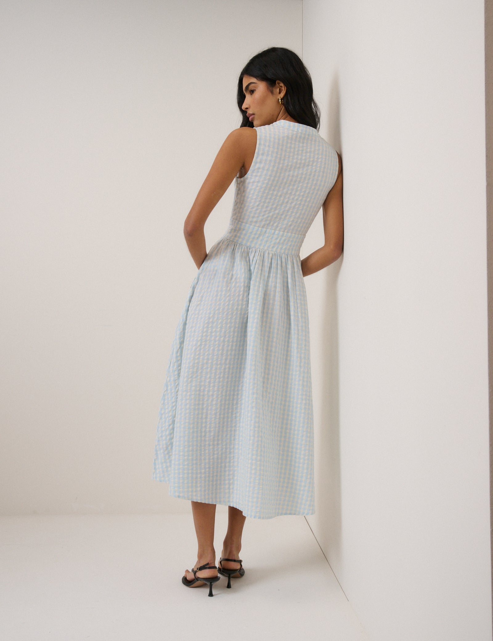 Light Blue Gingham Sleeveless Starlight Midi Dress Light Blue Gingham Sleeveless Starlight Midi Dress
