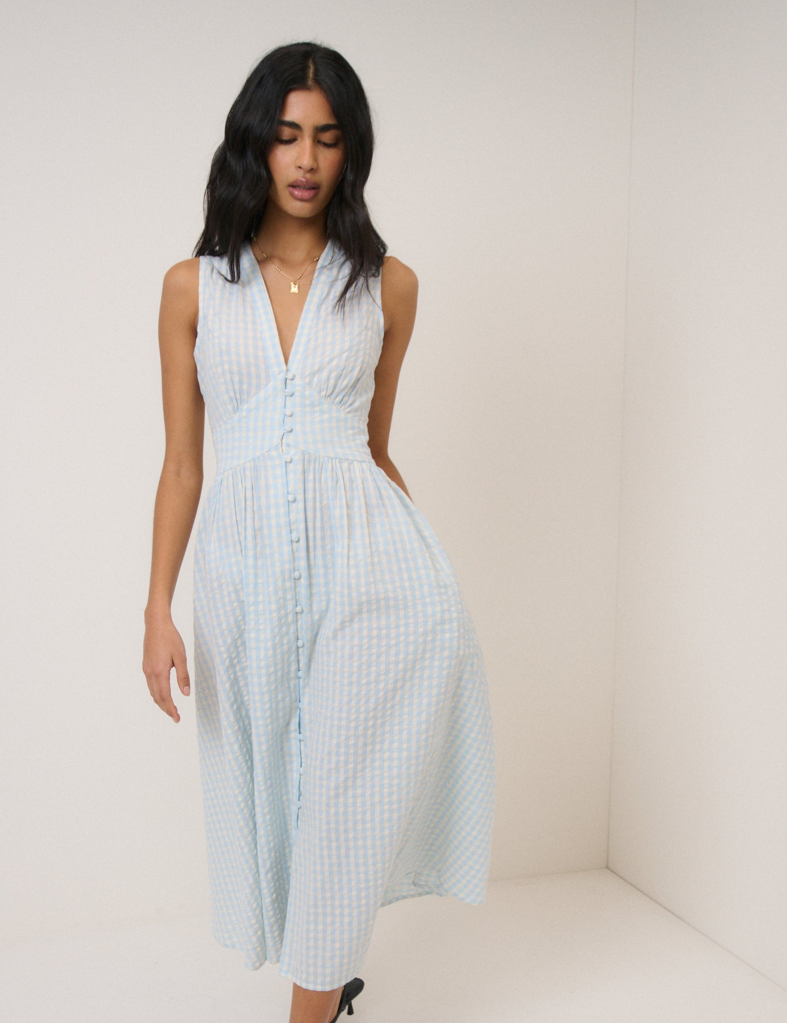 Light Blue Gingham Sleeveless Starlight Midi Dress Light Blue Gingham Sleeveless Starlight Midi Dress