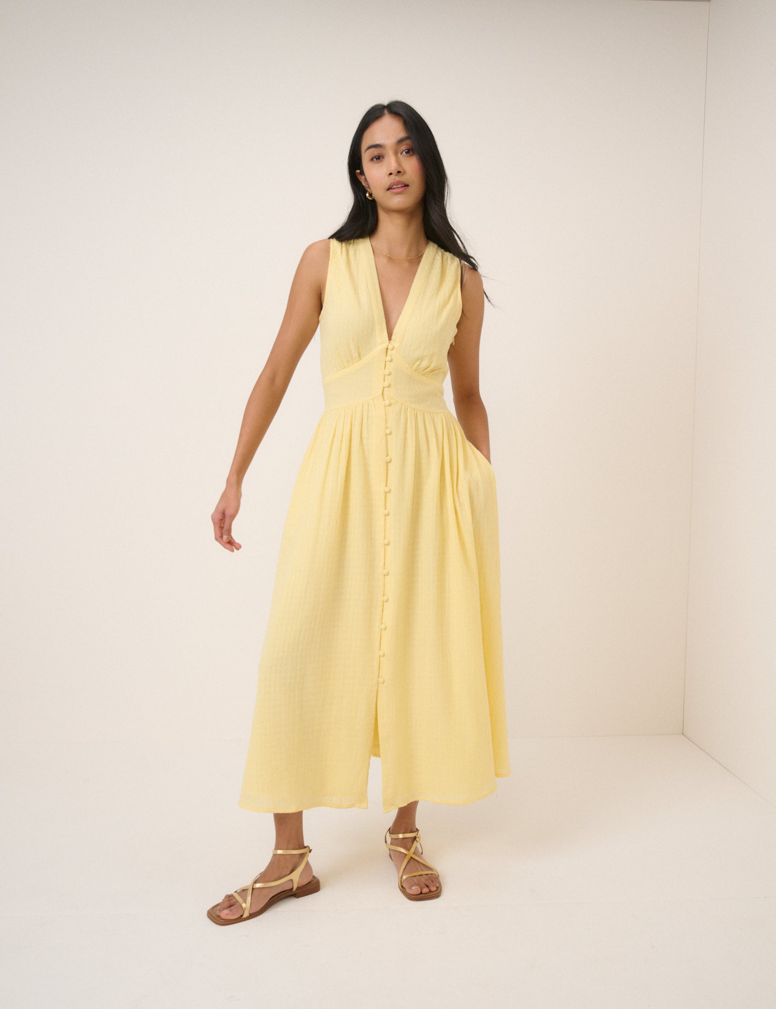 Sleeveless Starlight Button Front Midi Dress
