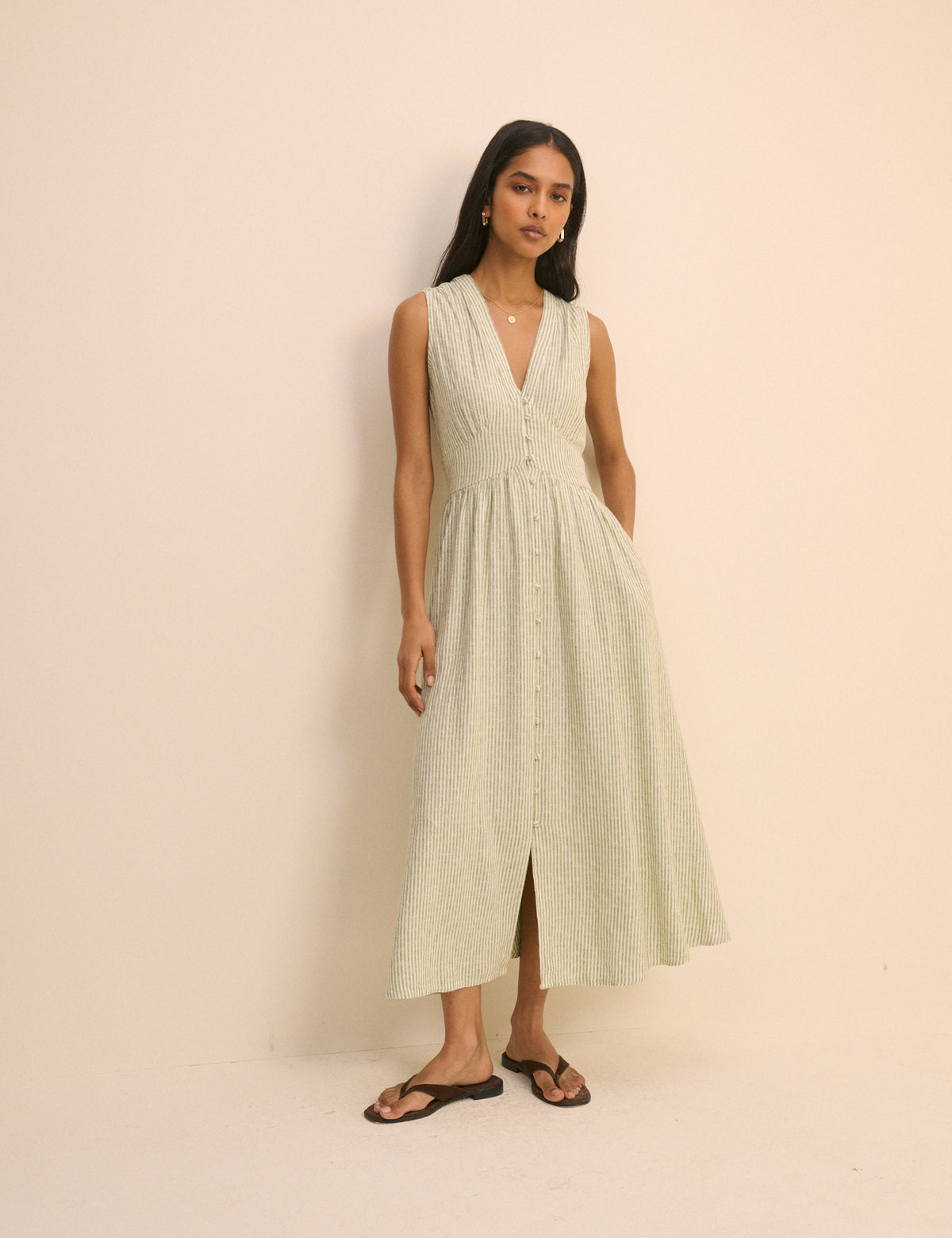 Green Pinstripe Sleeveless Starlight Midi Dress