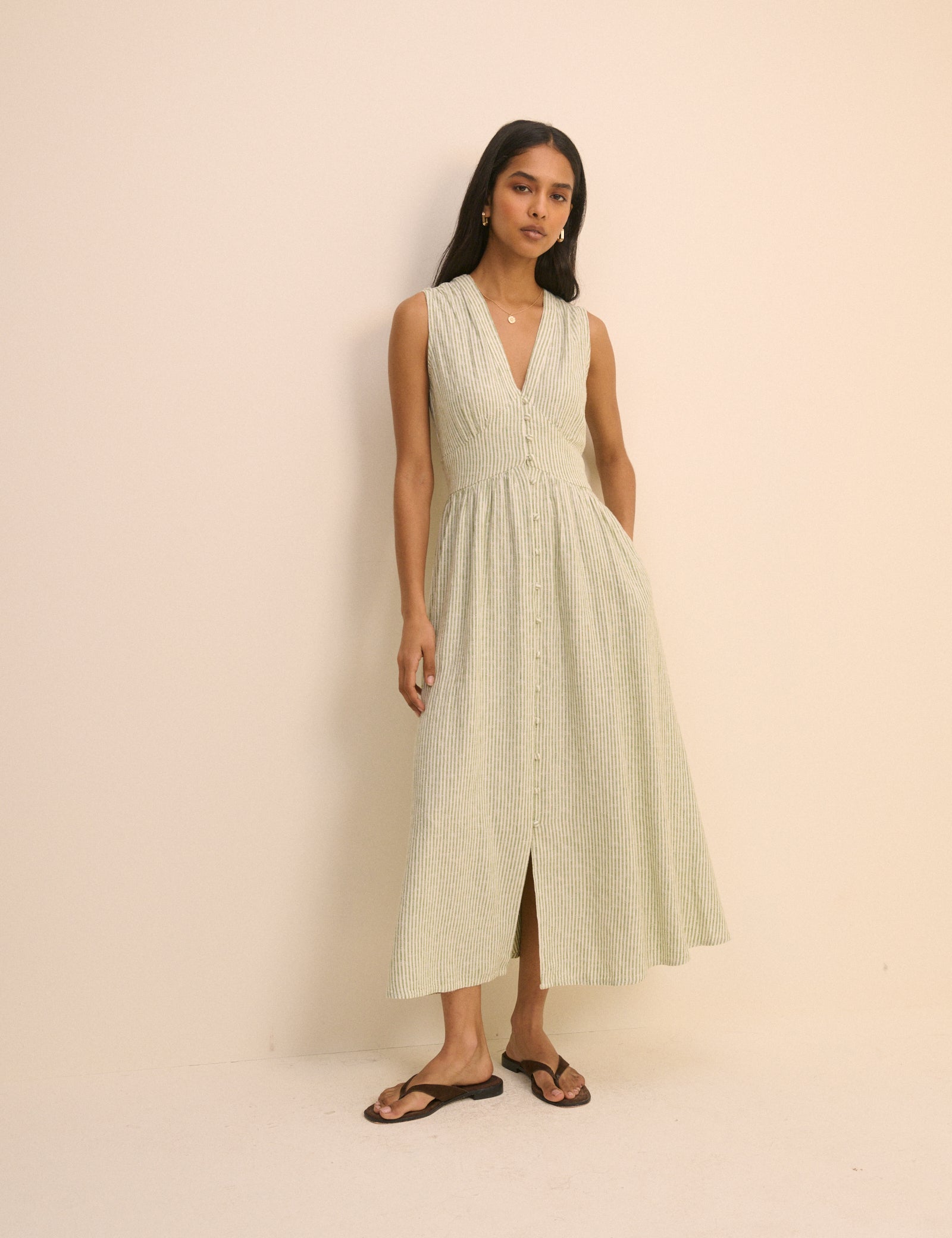 Green Pinstripe Sleeveless Starlight Midi Dress