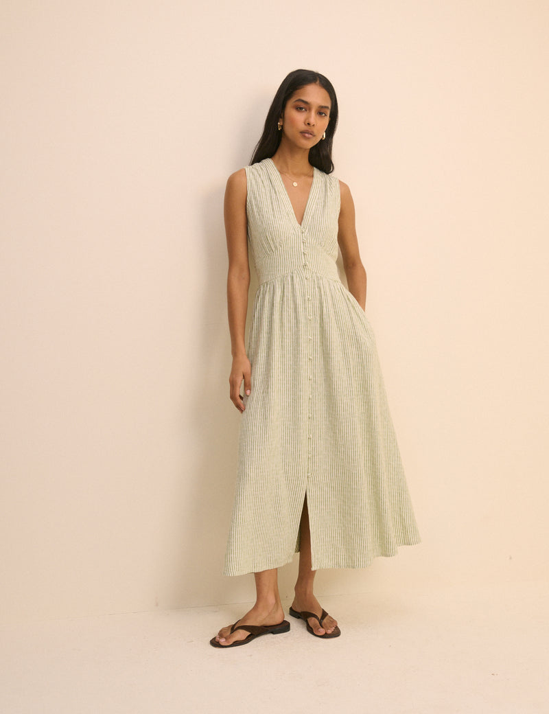 Green Pinstripe Sleeveless Starlight Midi Dress