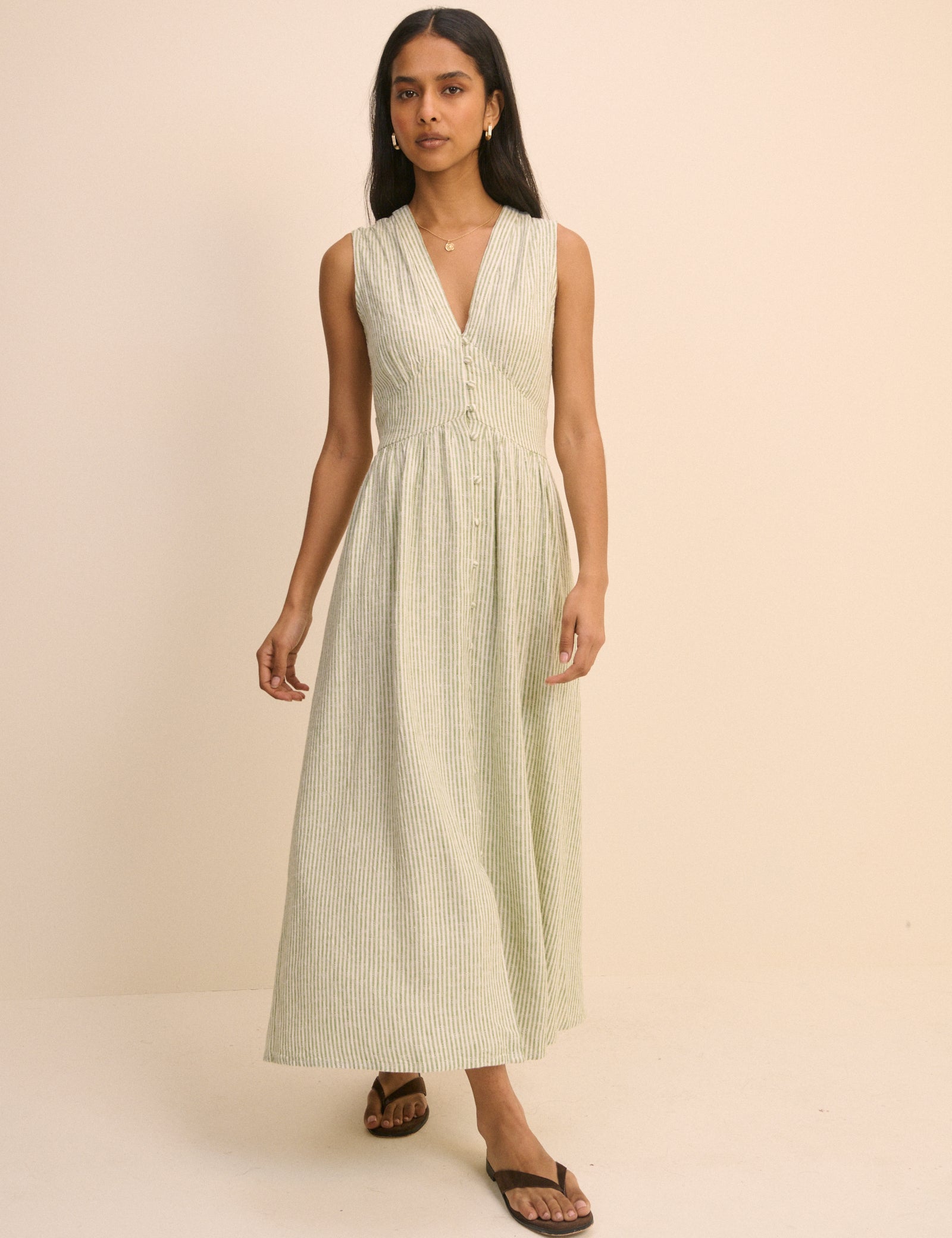 Green Pinstripe Sleeveless Starlight Midi Dress