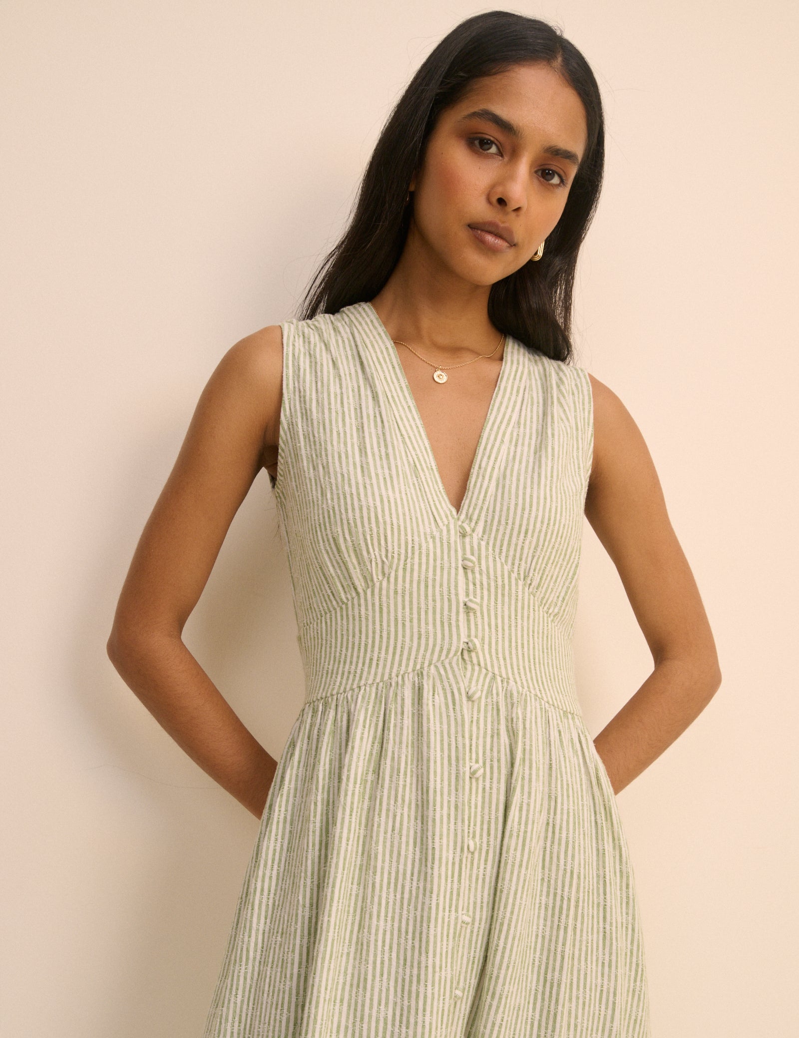 Green Pinstripe Sleeveless Starlight Midi Dress