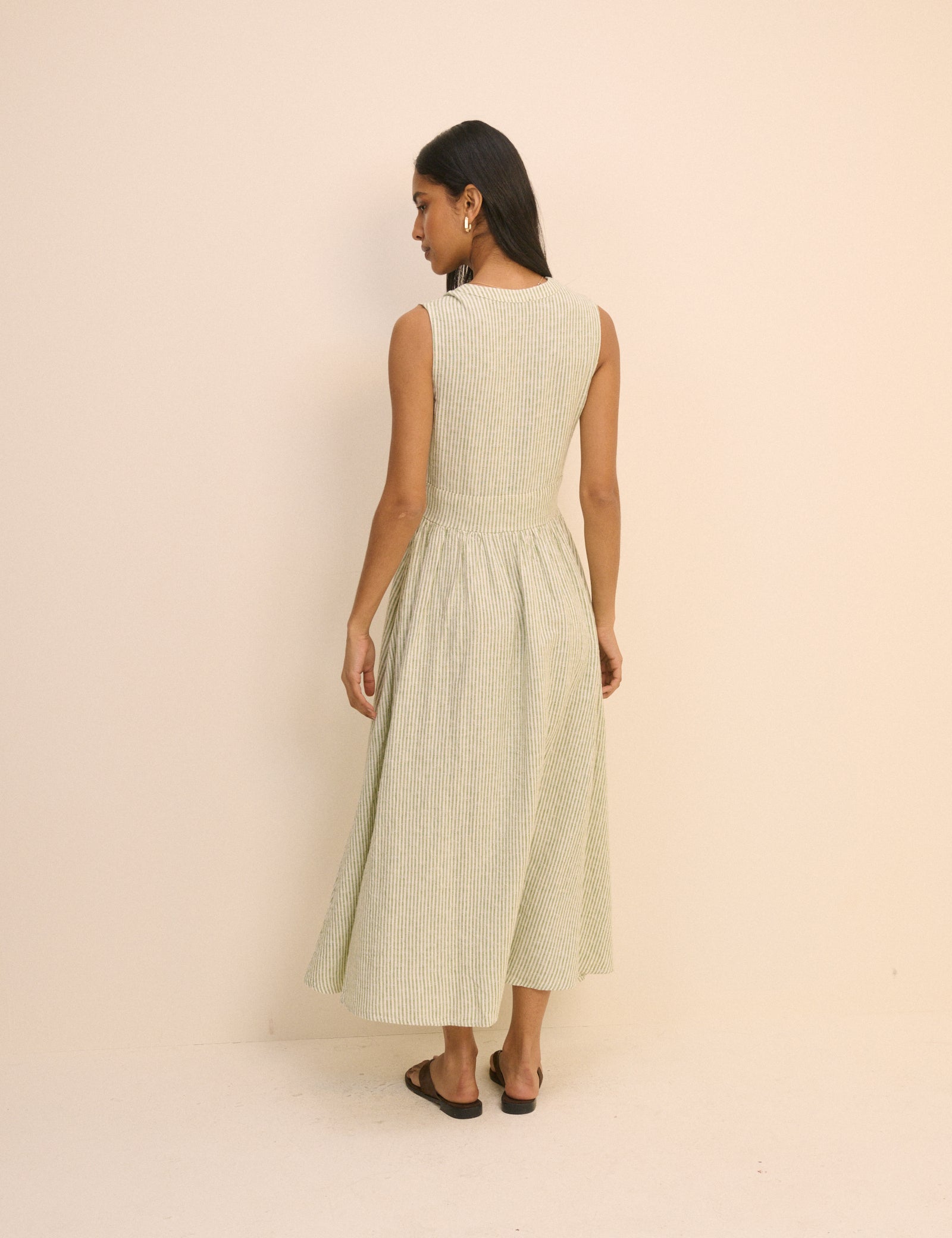 Green Pinstripe Sleeveless Starlight Midi Dress