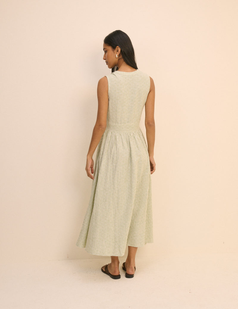 Green Pinstripe Sleeveless Starlight Midi Dress