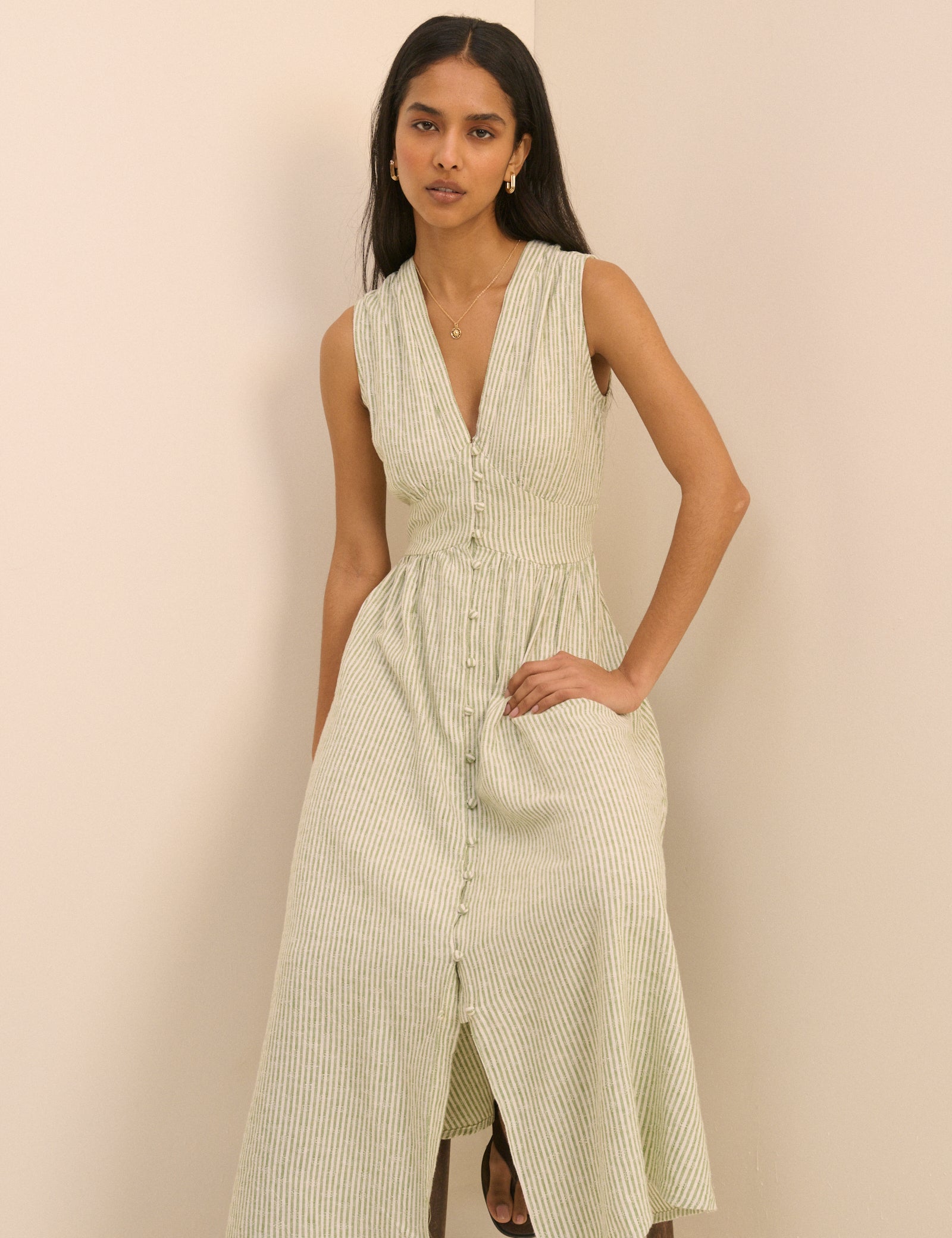 Green Pinstripe Sleeveless Starlight Midi Dress