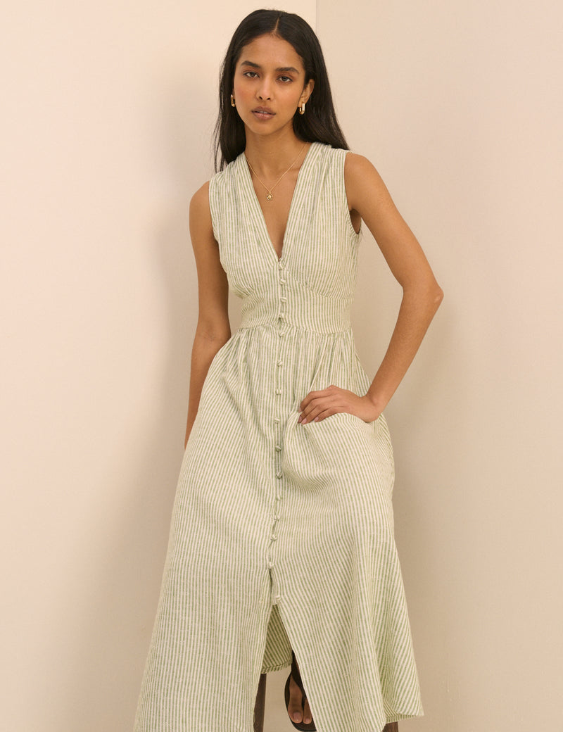 Green Pinstripe Sleeveless Starlight Midi Dress