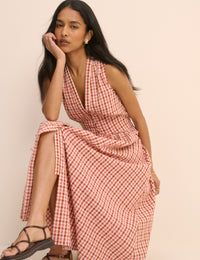Red and Pink Gingham Sleeveless Starlight Midi Dress
