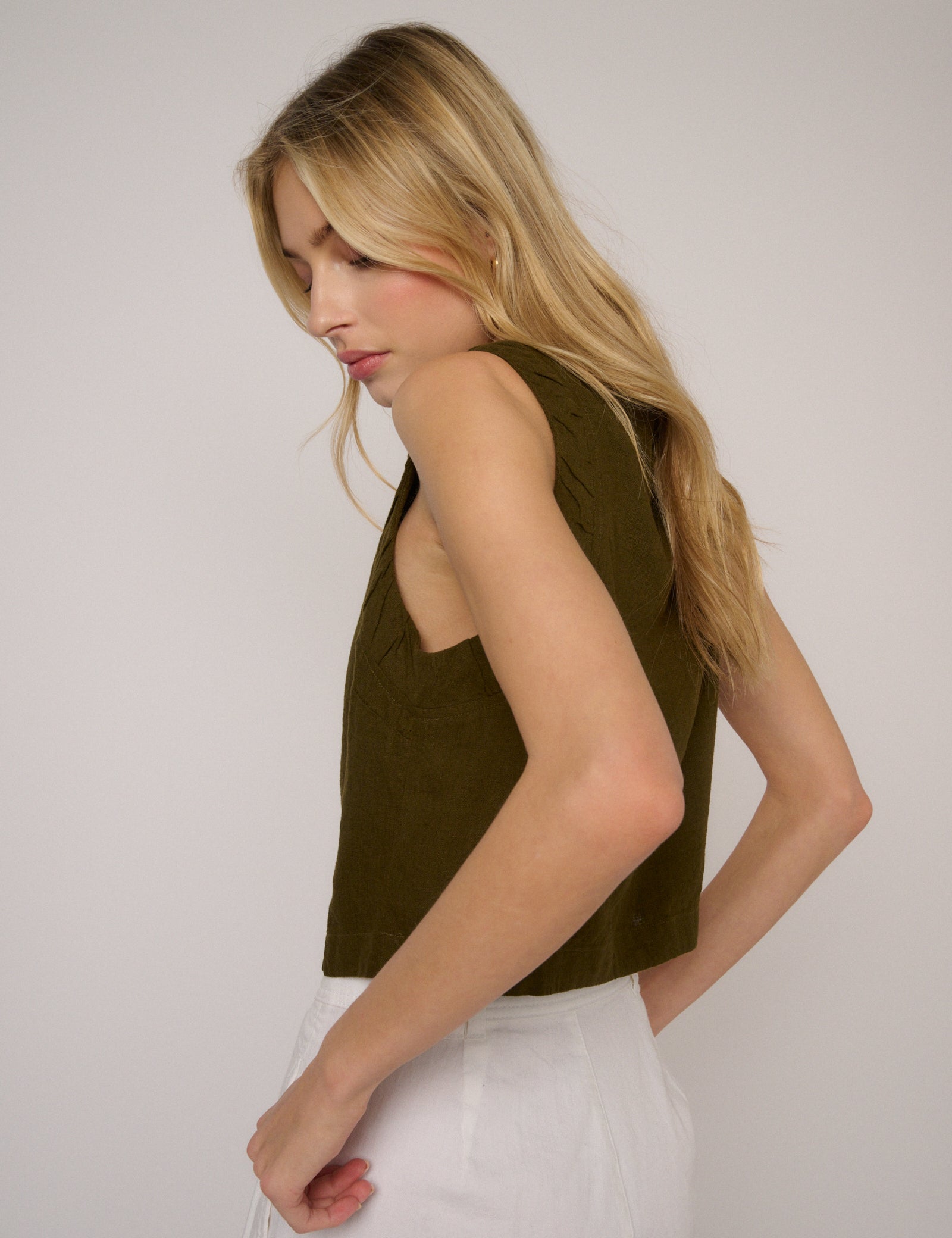 Khaki Green Linen-Blend Ruched Tank