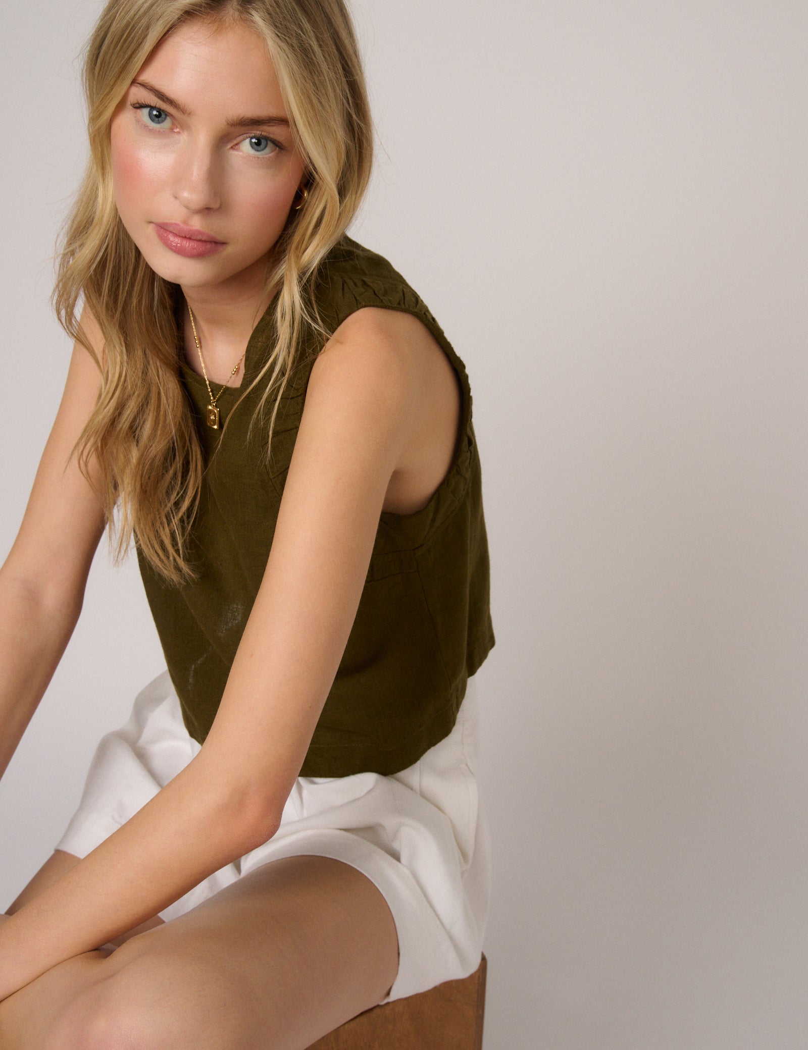 Khaki Green Linen-Blend Ruched Tank