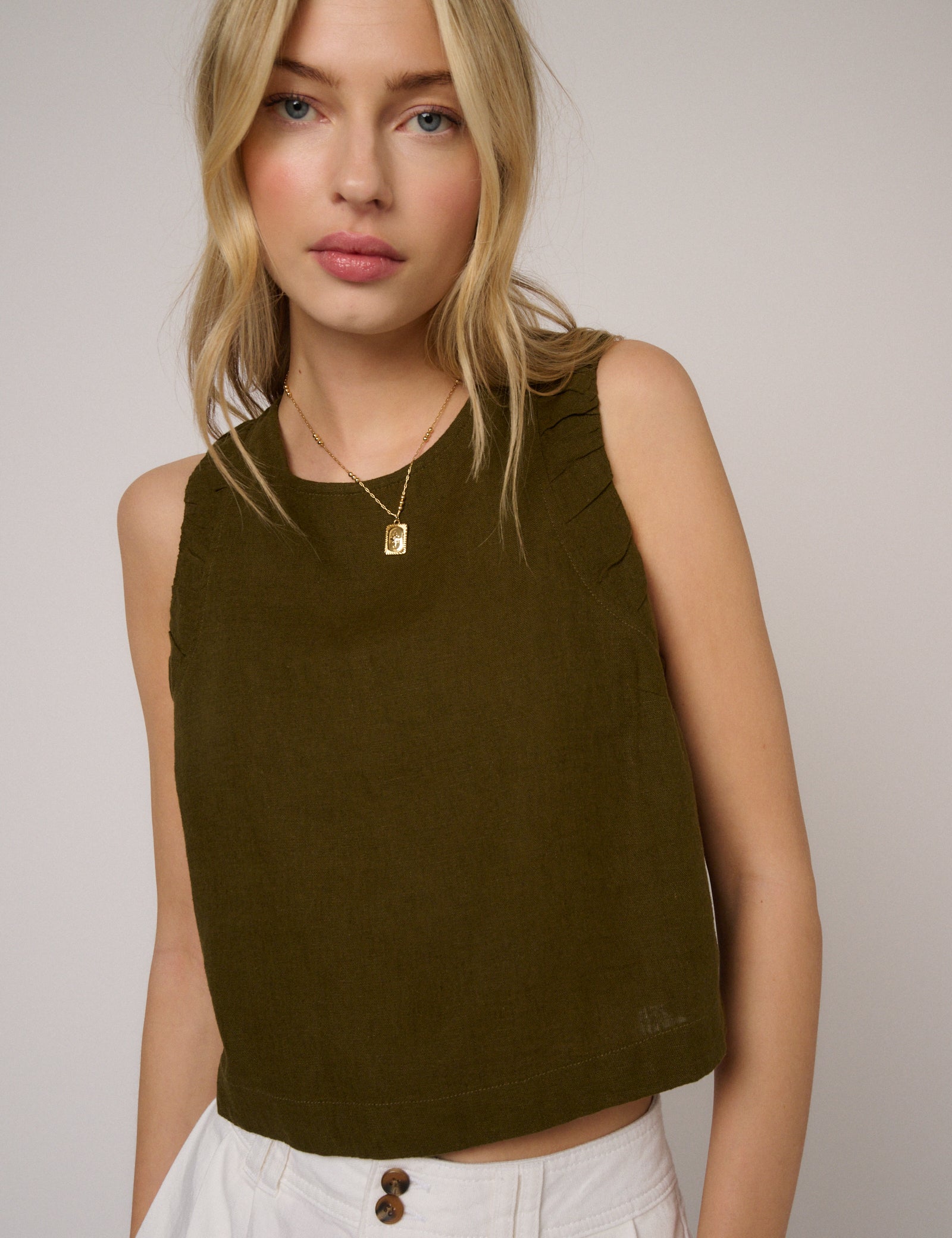 Khaki Green Linen-Blend Ruched Tank