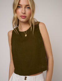 Khaki Green Linen-Blend Ruched Tank