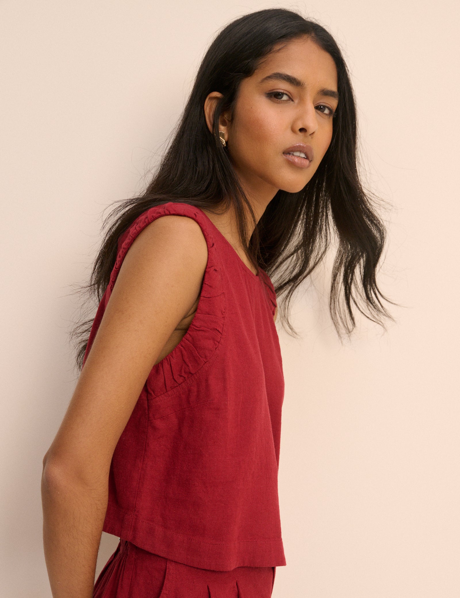 Red Linen-Blend Ruched Spencer Tank