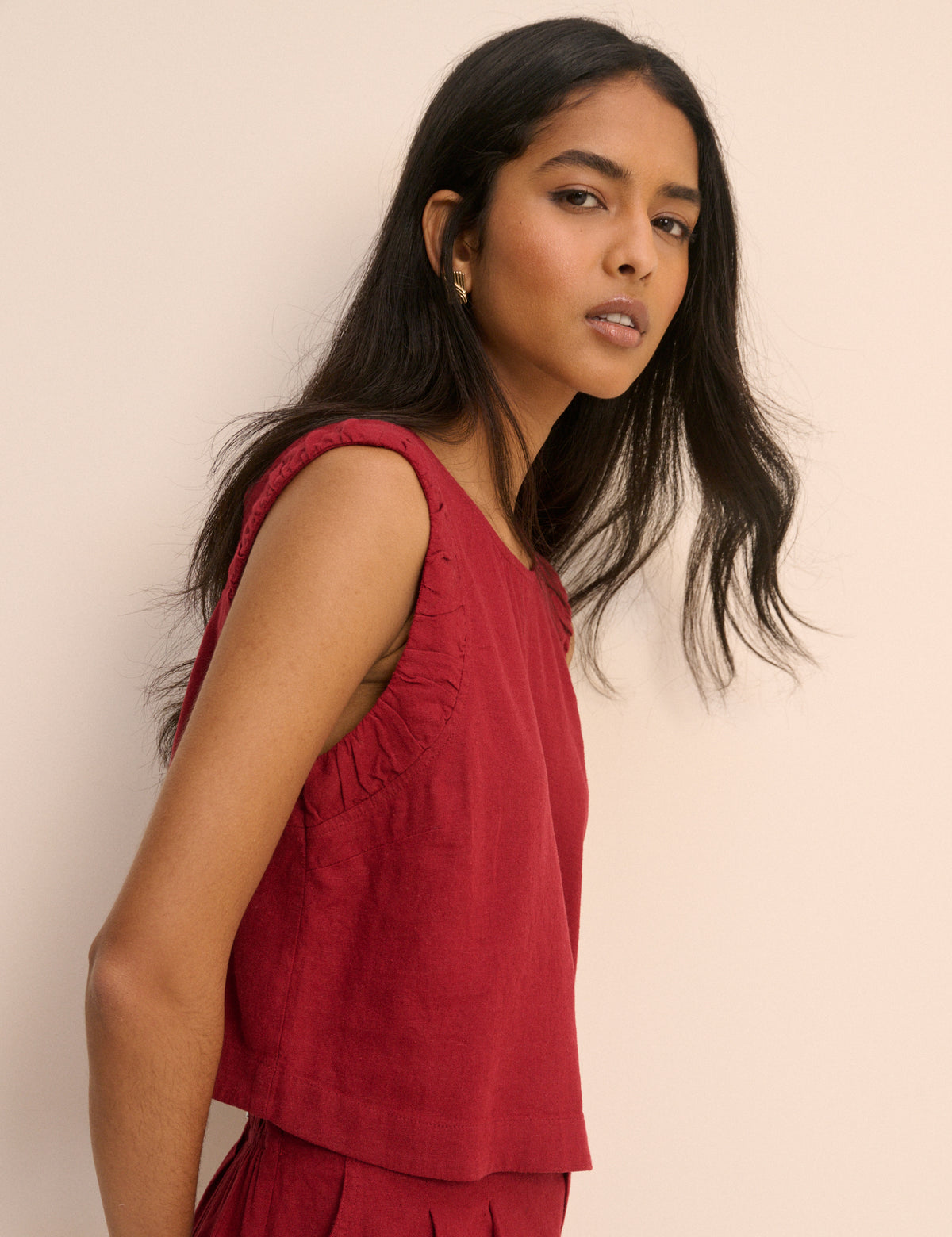 Red Linen-Blend Ruched Spencer Tank
