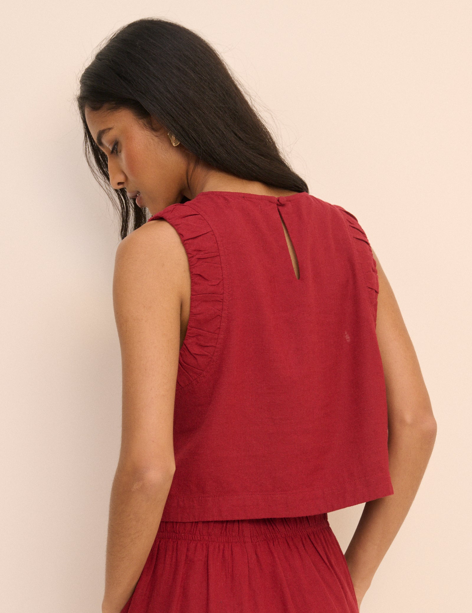 Red Linen-Blend Ruched Spencer Tank