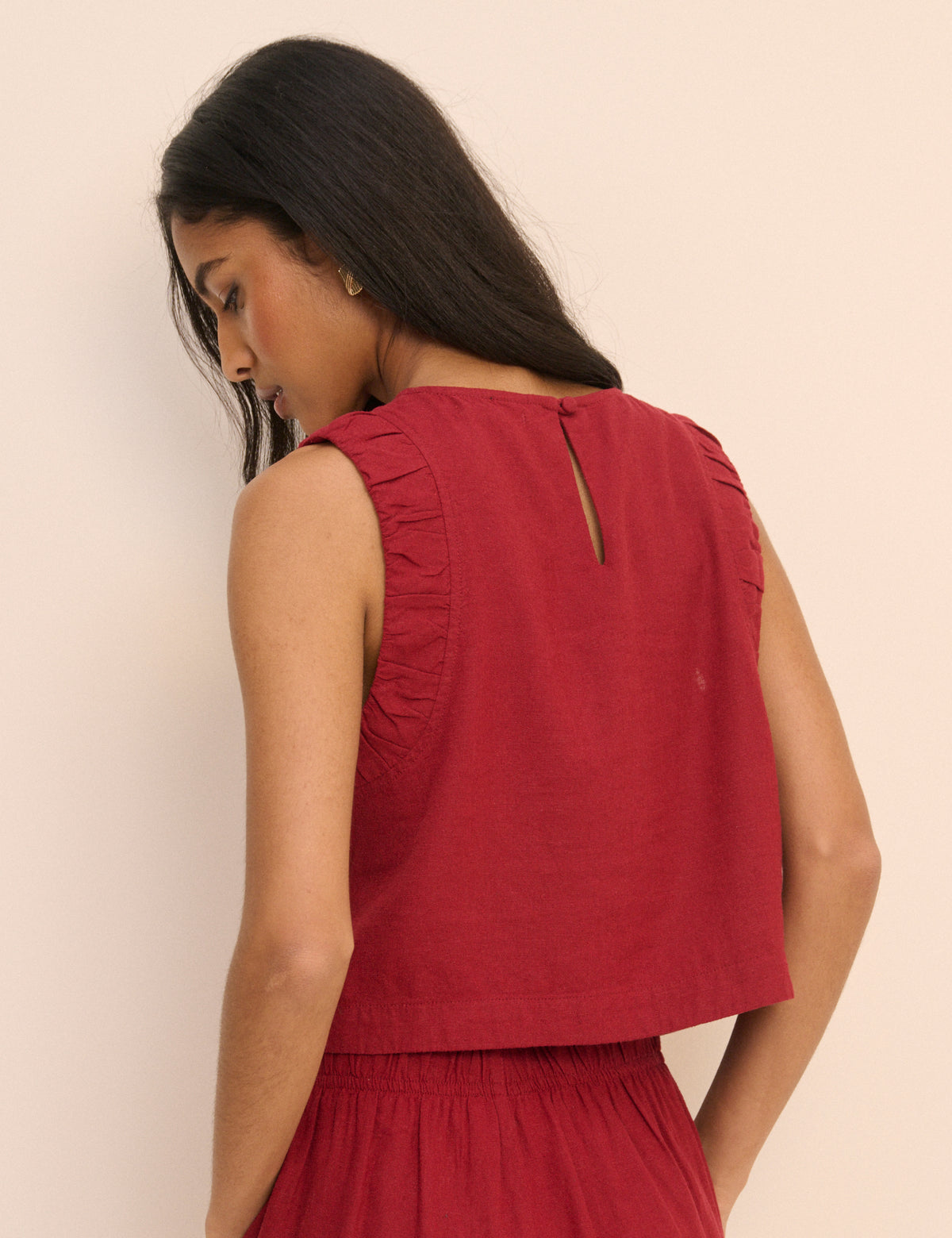 Red Linen-Blend Ruched Spencer Tank