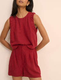 Red Linen-Blend Ruched Spencer Tank