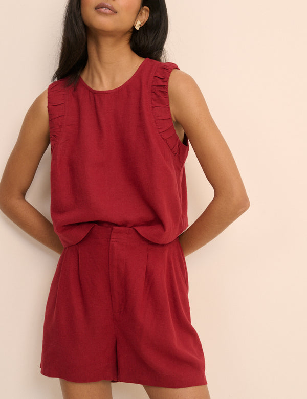 Red Linen-Blend Ruched Spencer Tank