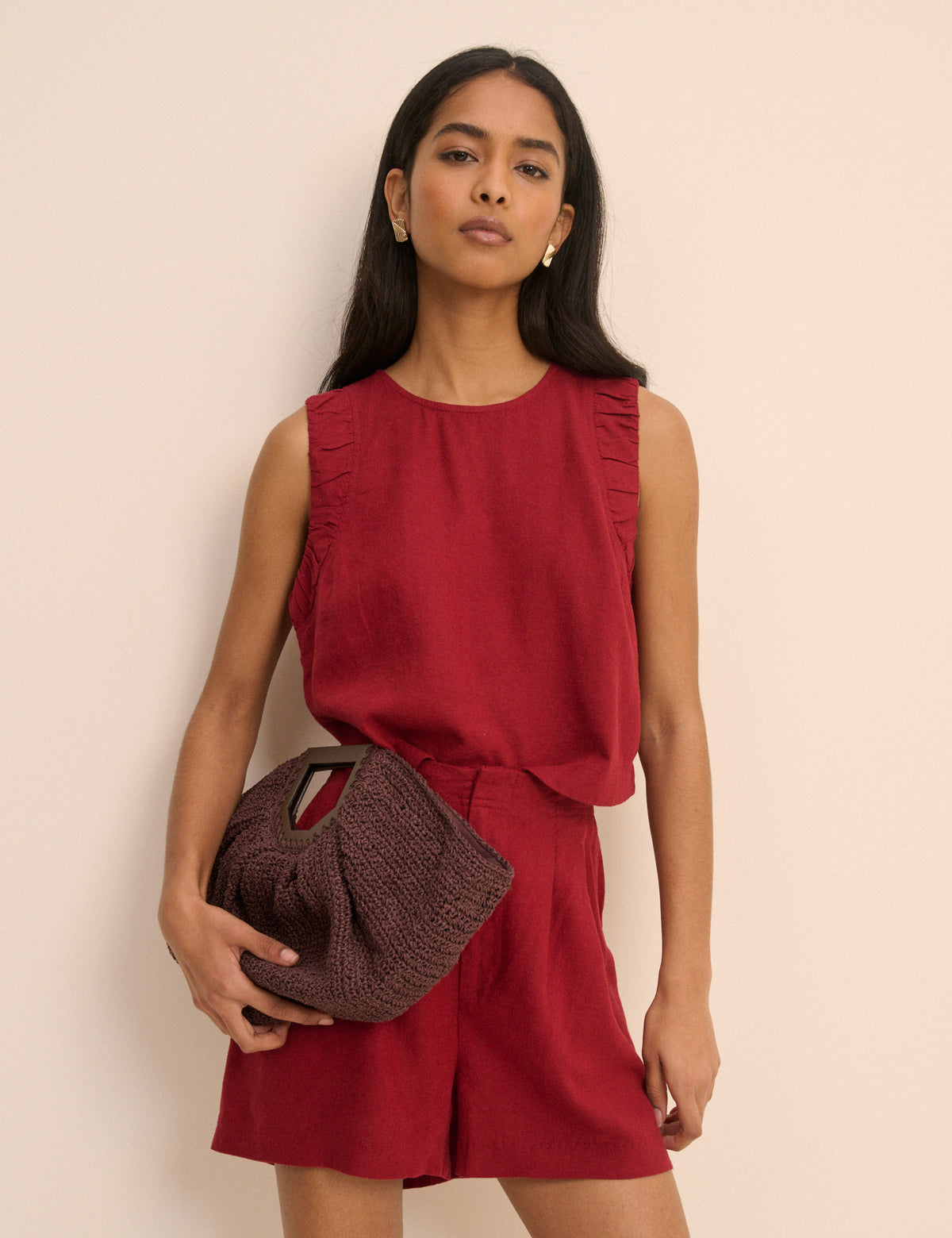 Red Linen-Blend Ruched Spencer Tank