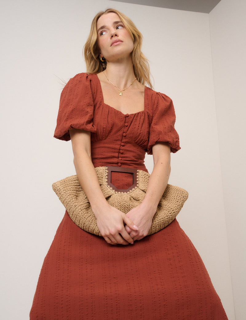 burnt orange puff sleeve dress Burnt Orange Puff Sleeve Shirred Waist Smock Midi Dress