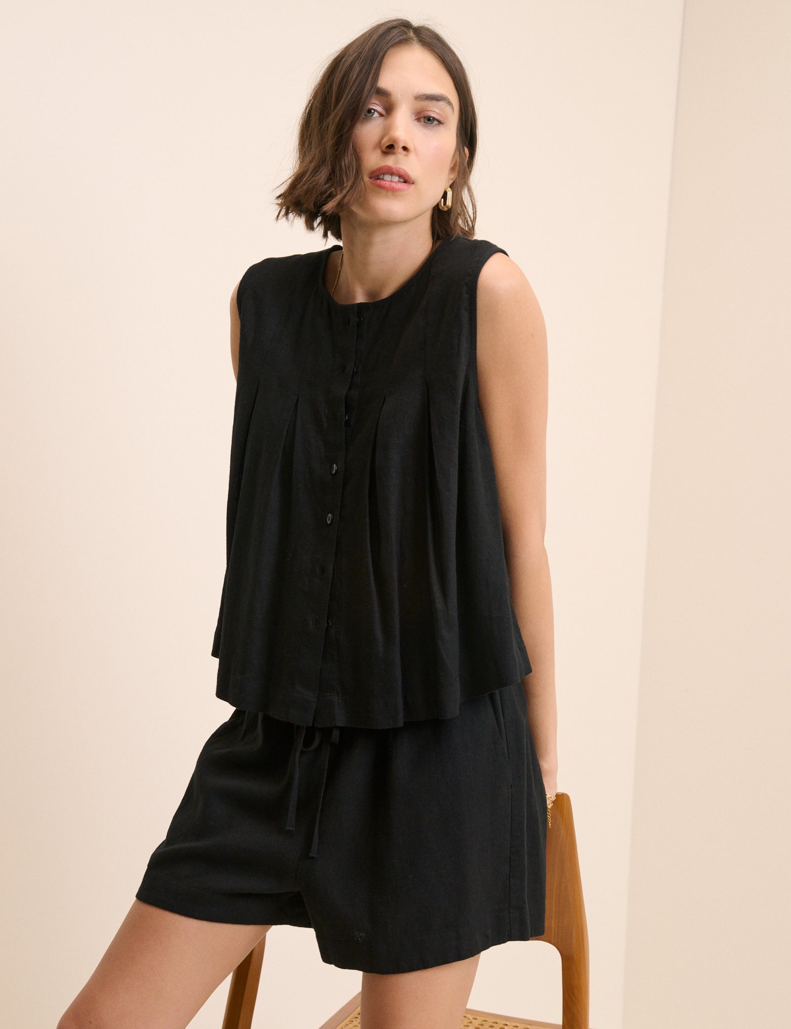 Black Linen-Blend Pintuck Top