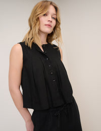Black Linen-Blend Pintuck Top