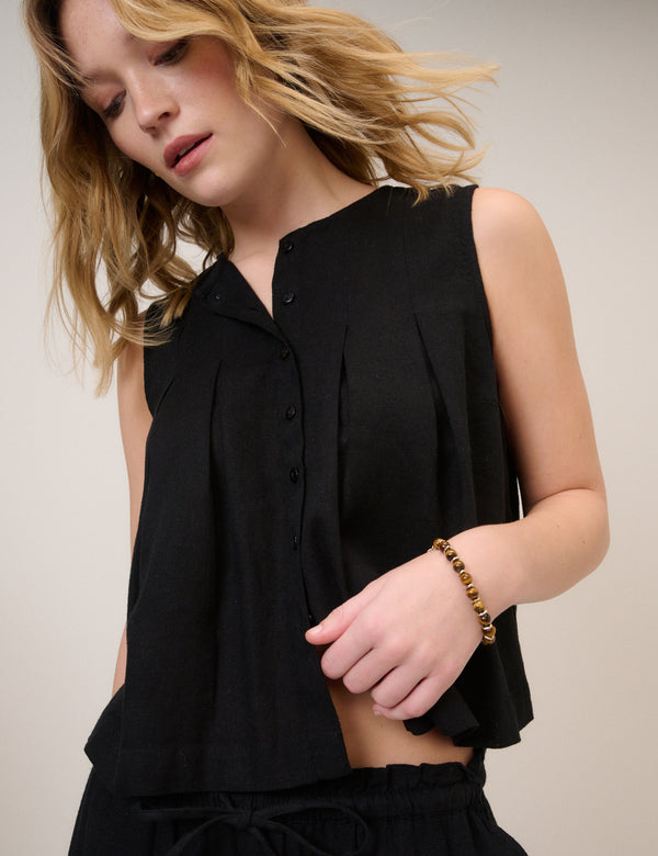 Black Linen-Blend Pintuck Top