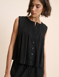 Black Linen-Blend Pintuck Top