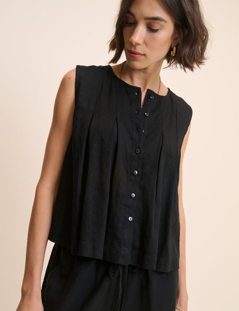 Black Linen-Blend Pintuck Top