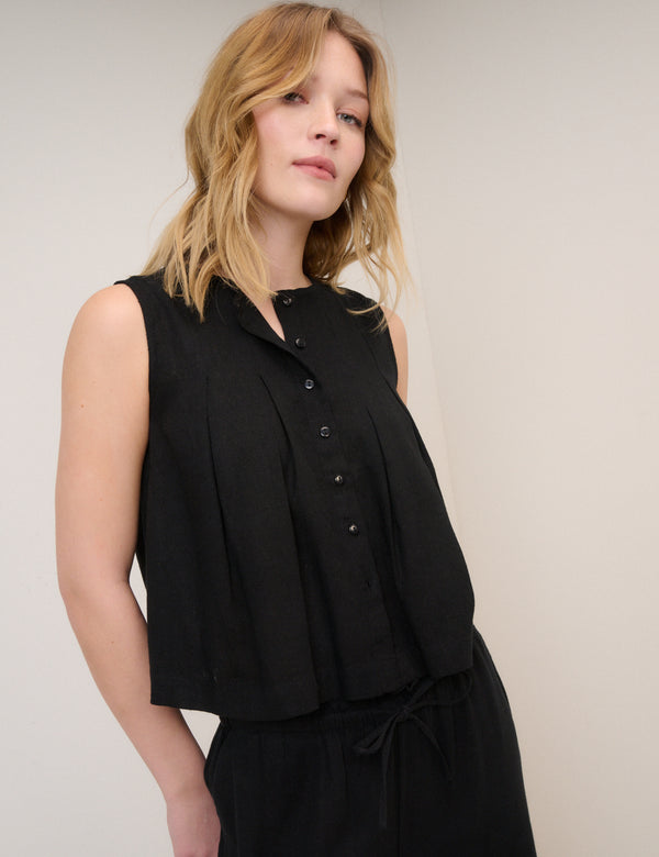 Black Linen-Blend Pintuck Top