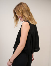 Black Linen-Blend Pintuck Top