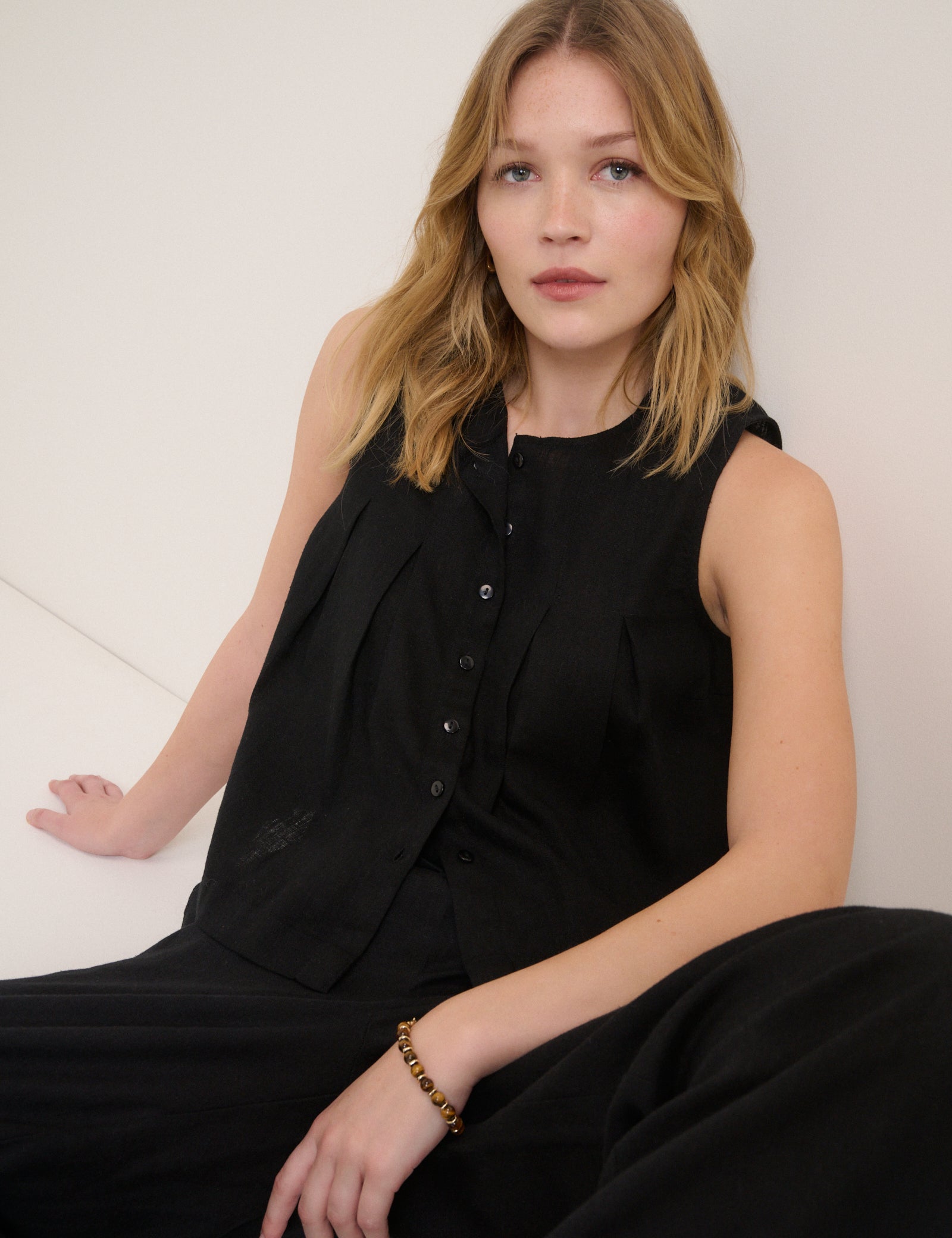 Black Linen-Blend Pintuck Top