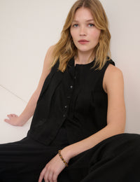 Black Linen-Blend Pintuck Top
