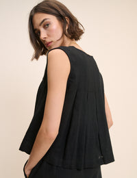 Black Linen-Blend Pintuck Top