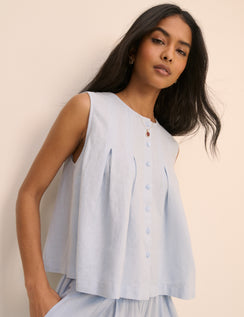 Baby Blue Pleated Shell Linen-Rich Tate Top