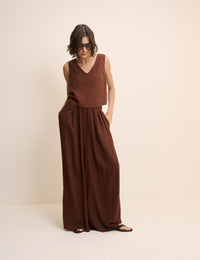 Brown Linen-Blend Swing Top