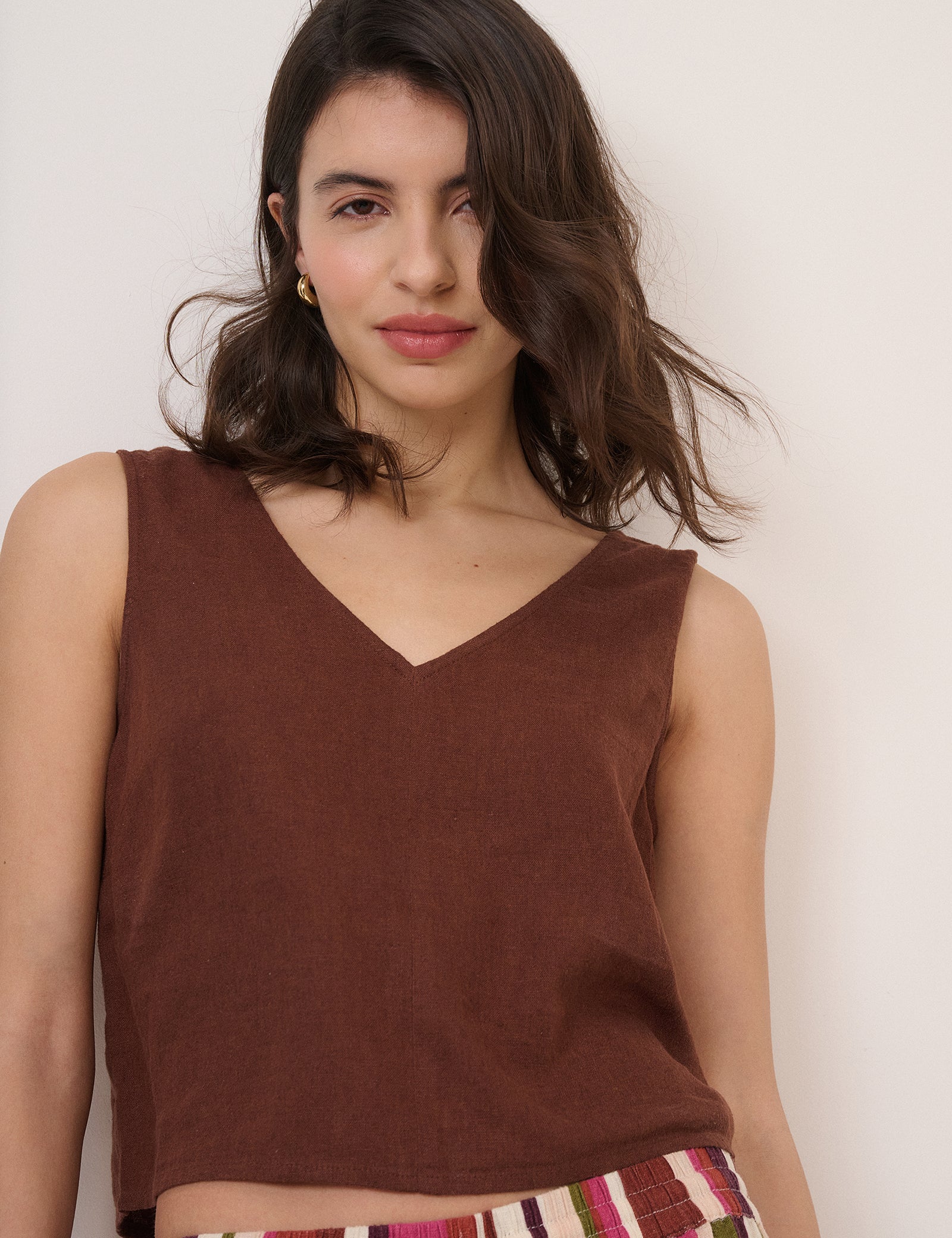Brown Linen-Blend Swing Top